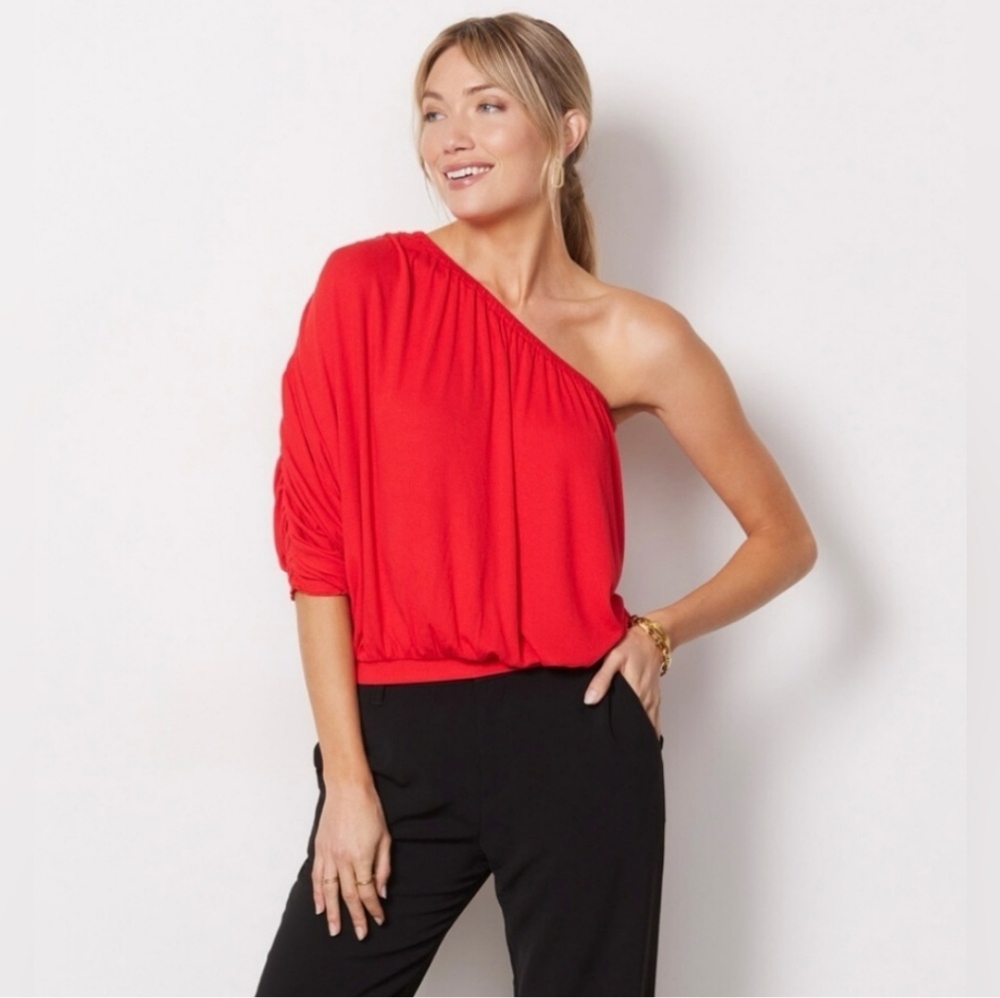 🏷️ LNA Ashra One Shoulder Knit Ribbed Red Top Size M - Picture 1 of 5